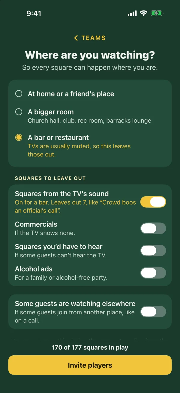 The app&rsquo;s setup screen, Where are you watching? A bar or restaurant is picked, and it turns on the switch for squares from the TV&rsquo;s sound, because TVs there are usually muted.